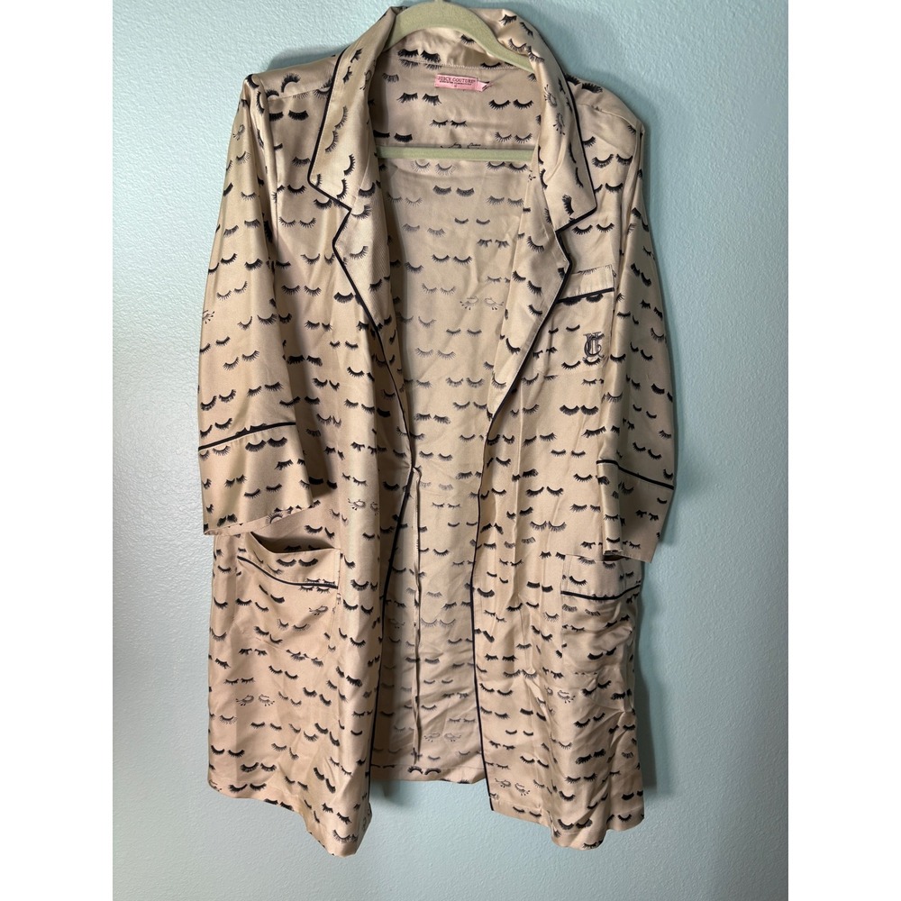 Juicy Couture Womens Silk Robe Champagne Beige Eyelash Print Long Sleeve Medium